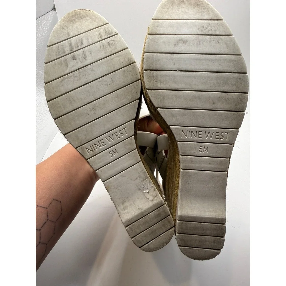 Nine West Alivia White Leather Espadrille Wedge Sandals Platform Womens 5M 208